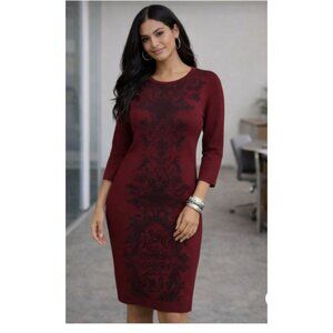 Mossimo Burgundy Sweater Dress XS Damask Print Knit Bodycon 3/4 Sleeve Office